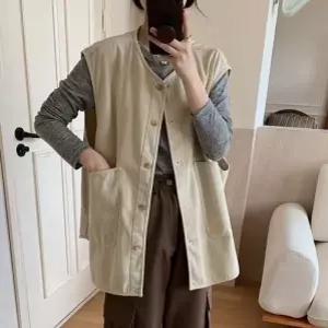 여사친 가을 캐주얼 브이넥 포켓 레이어드 투 트렌디 민소매 코트 상의 아이템 조끼 HT3