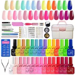 JR 48Pcs 젤 네일 폴리쉬 키트 5ml 소크 오프 베이스 탑 코트 27 샤인 컬러 세트 가정용 DIY 선물 여성 및
