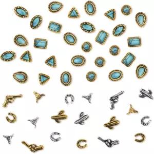 50 PCS 터쿼이즈 네일 부적 3D 웨스턴 빈티지 젬 스톤 아트 레트로 메탈 골드 실버 보이 걸 스티커