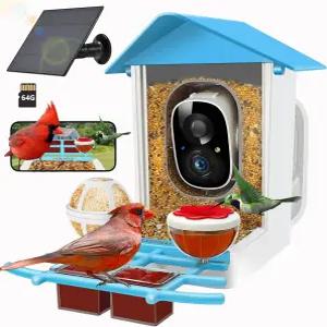 카메라가 달린 64GB 스마트 새 모이통 태양광 충전 AI로 0000종 이상 식별 2K 3MP HD 실시간 영상 및