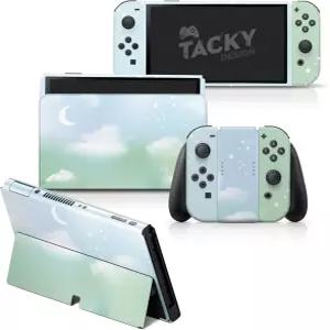 스위치 OLED 스킨 랩 커버와 호환되는 촌스러운 디자인의 그린 클라우드 스티커용 귀여운 달 비닐 3M 풀
