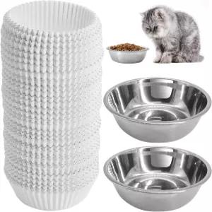 일회용 고양이 사료 그릇 세트 반려동물 300PCS 작은 종이 및 스테인리스 스틸 젖은 음식 접시 라이너 벌크