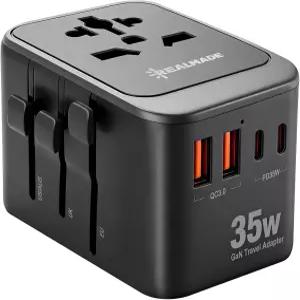 PD 고속 충전 기능이 있는 리얼메이드 35W 범용 여행용 어댑터 5포트 AC 1개/USB-A 2개 유럽 플러그
