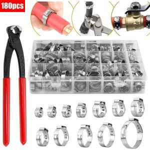 180pcs 단일 귀 호스 클램프 12 크기 5.3-33.1mm 304 스테인레스 스틸 압착 신치 링 도구 키트 피팅 파이프