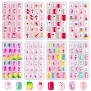 Jsiale 192Pcs 용 네일 숏 프레스 페이크 8팩 프리 붙임 풀 커버 글리터 그라디언트 컬러 유니콘 동물 키트 세트 여아용
