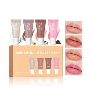 4Pc 수분 공급 립글로스 세트 미니 립 버터 밤 팩 하이 샤인 글래스 피니시 보습 탄력 케어 반짝이는 젤리 리퀴드 립스틱