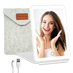 FUNTOUCH 충전식 여행용 메이크업 배니티 미러 개의 LED 조명 휴대용 뷰티 3가지 모드 디밍 한 터치 스크린 수납 가방이 있는 테이블탑 접이식