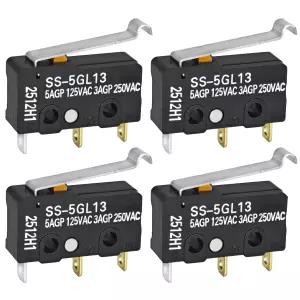 SS-5GL13 미니어처 마이크로 스위치 4팩 - 커브드 팁 레버가 있는 5A 125VAC 3핀 리미트