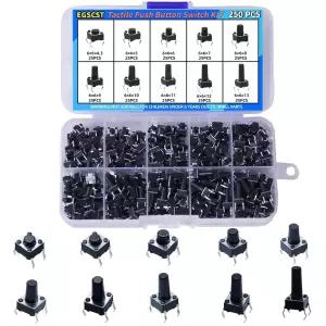 EGSCST 250PCS 10가지 값 6x6mm 촉각 푸시 버튼 스위치 모음 키트 4핀 마이크로 모멘티브 세트