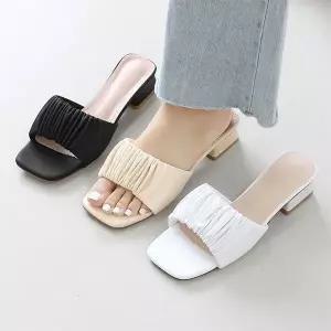 [하프클럽/]셔링 주름 쿠션 뮬 슬리퍼 미들힐 (4cm) 디저트