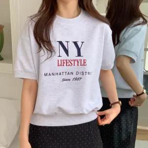 여성 뉴욕 자수 레터링 반팔 맨투맨 데일리 캐주얼 스웨트셔츠