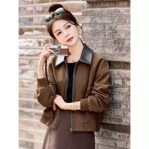 여자 캐주얼 가을 숏 칼라 슬림핏 자켓 가죽 세무 코트 PU CH3