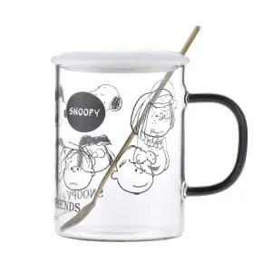 스누피 뚜껑 유리컵 숟가락 세트 370ml-블랙