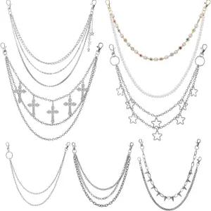 Quelay 8pcs 펑크 팬츠 힙합 고스 크로스 스타 리벳 참 레이어드 청바지 체인 벨트 지갑 포켓 바이커