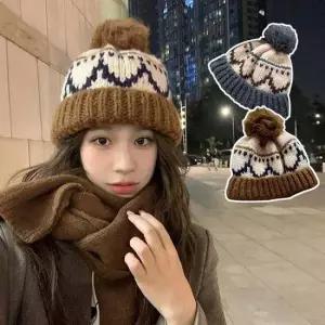 귀달이모자 포인트 겨울 여성 굵은 비니 스타일 방울 짜임 빈치지