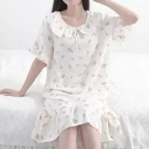 프릴 리본 원피스 반팔 잠옷 홈웨어 여름 여성 면 파자마