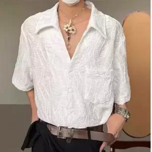 남자 블랙 캐주얼 자수 반팔 논스톱 셔링 카디건 셔츠 넥 패피2