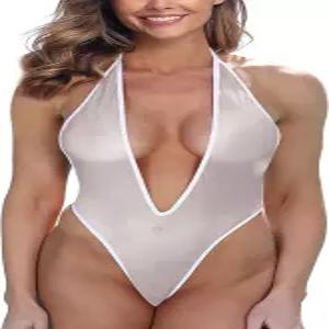 젖은 수영복이 테디 메시 모노키니 피쉬넷 블랙을 통과할 때 라모티 바디수트 시어