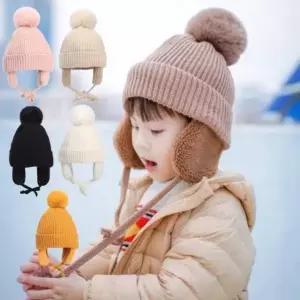 키즈 아동 잡화 방한 비니 앙상블 털방울 겨울 귀마개 니트 유아