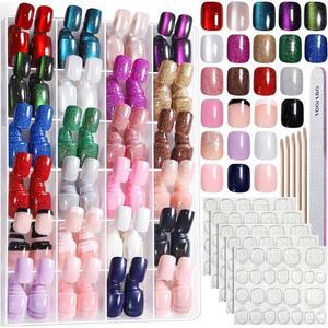팬다메이 프레스 온 네일 가지 색상 576PCS 숏 캣 아이 라운드. 프렌치 팁에 광택 글리터 아트 내추럴 핏 경량