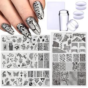 4pcs 뱀 표범 프린트 네일 스탬핑 플레이트 스텐실과 프렌치 팁 스탬퍼 키트 재사용 한 살롱 세트 DIY 매니큐어 용품 아트 도구