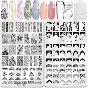 바이티 네일 스탬핑 플레이트 2개 프렌치 팁 110 패턴 키트 실리콘 스탬퍼 스크레이퍼 대형 레이스 라인 플라워 아트 템플릿 선물