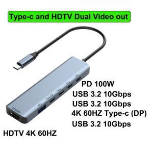 6in 1 타입-C DP 알트 모드 USB C 허브 (HDTV 4K@60Hz 듀얼 비디오 출력, USB3.2 Gen2 10Gbps 데이터, 100W