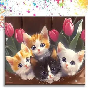 페인트 바이넘버 동물 고양이 색칠공부 숫자 DIY 키트 간단히 페인팅 증정 아트 크래프트 가져와 3브러시