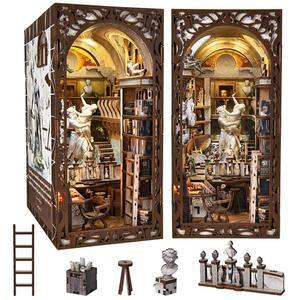 미니시티 북누크 키트 DIY 인형 집 책장 집용 할로윈 LED 조명과 먼지 덮개가 있는 3D 나무 퍼즐 북엔드 버니니의 작업장