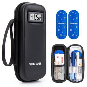 온도 표시 기능이 있는 인슐린 쿨러 여행 케이스 공유 - TSA 승인 아이스 팩 2개가 포함된 냉장 의약품 냉각 백, 및 일일용 약물 펜 용품 정리함
