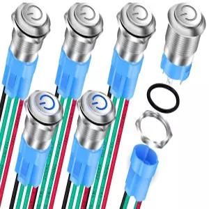 DaierTek 12mm 래칭 푸시 버튼 스위치 12V LED 블루 방수 켜짐 유지 전원 소형 원형 금속 블랙 유선