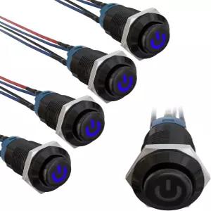 STARLO 5PCS 12mm 래칭 LED 푸시 버튼 스위치 미니 원형 블랙 쉘 프리와이어드 파워 마크 로고 IP65 방수