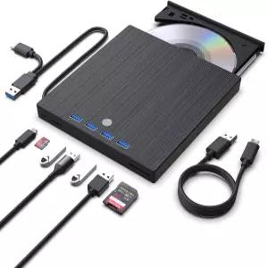 JKNJX 외장 CD DVD 드라이브 9인치 USB 3.0 및 Type-C 버너 플레이어 라이터 4개의 포트와 2개의 TF/SD