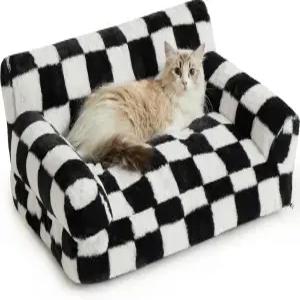 BFPETHOME 고양이 소파 강아지 침대 작은 반려동물을 위한 귀여운 세탁 가능한 커버가 있는 체크무늬 블랙
