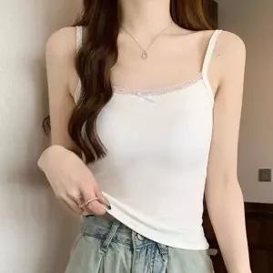 [하프클럽/]WL 여성 레이스 브라 캡 내장 여름 끈 나시 티 화이트