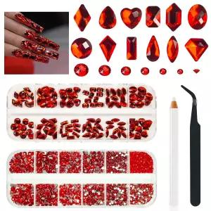 4080Pcs 빨간색 네일 다양한 모양의 루비 54mm 크리스탈 보석 시암 원형 플랫백 비즈 유리 스톤 다이아몬드