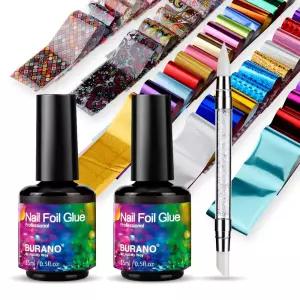 부라노 네일 아트 호일 젤 60PCS 스티커가 있는 5ML 2병 디자이너 접착 이송 UV LED 램프 필요