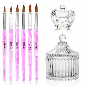 릴 네일 브러시 댑펜 접시 세트 6PCS 아트 펜 및 크리스탈 매니 볼 컵 유리 용기 액체 도구 키트