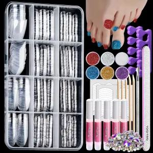 틴이터 32pcs 글리터 릴 발가락 네일 팁 여성용 발톱 가 된 키트 클리어 프레스
