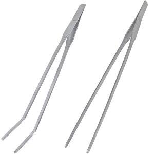 먹이 집게 2개, 수족관 핀셋 스테인리스 스틸 스트레이트 및 곡선 27CM / 10.6인치 홀드 웜, 파충류, 도마뱀, 수염 용(실버)용 아쿠아스케이프 도구 세트