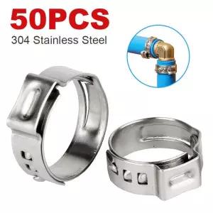 50 PCS 5.3-29.6mm 단일 귀 스테인레스 스틸 신치 클램프 링 피팅 압착 핀치 PEX 튜브 파이프 연결 팩 키트