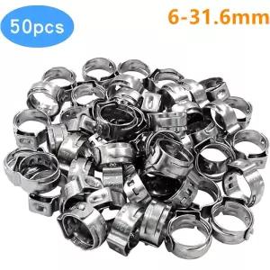 싱글 이어 호스 클램프 304 스테인레스 스틸 무단 핀치 링 조정 가능한 파이프 클립 6-31.6mm 50PCs