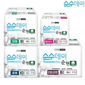 순수데이 순면  생리대 4팩 모음전/중형/대형/오버나이트/롱라이너