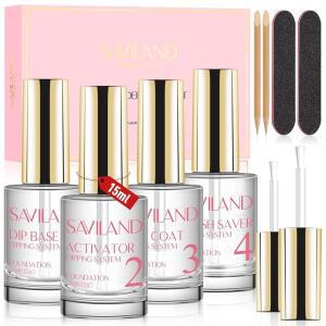 SAVILAND 딥 파우더 액체 세트 15ml0.5온스 베이스탑코트 포함 네일 10개 액티베이터 브러시 세이버 아크릴 젤 파일 경화 필요 없음 DIY 홈 살롱 품질