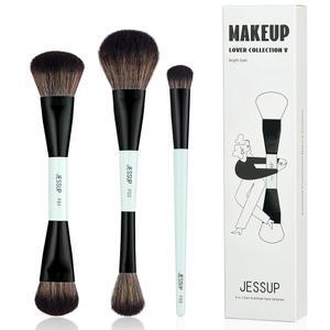 제섭 페이스 메이크업 브러시 블루 3pcs 더블 엔드 메이크업 브러시 파운데이션 컨투어 블러셔 하이라이트 및 컨실러 브러시 프리미엄 합성 브러시 세트 T503