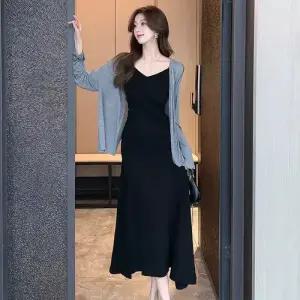 원피스 롱 여성용 봄 투피스 정장세트 정장 트임 머메이드 나시 스커트에 자외선 차단 카디건 admr1