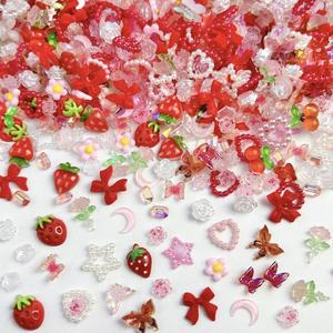 100PCS 혼합 딸기 꽃 네일 매력 달콤한 수지 플랫 백 문 네일 아트 장식 액세서리 매니큐어 DIY