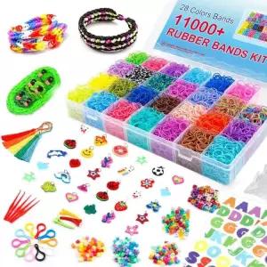 INSCRAFT 고무 밴드 리필 키트 11 000개 이상의 용기 포함 28가지 색상 클립 600개 구슬 200개 ABC 52개
