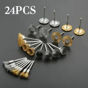 24Pcs 황동 브러시 스틸 와이어 휠 브러쉬 드릴 로타리 도구 연마 금속 녹 제거 세트 핸드 툴