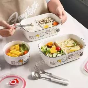 세라믹 도시락통 도시락 사각 구획 고양이 용기 소풍 2격자 런치박스